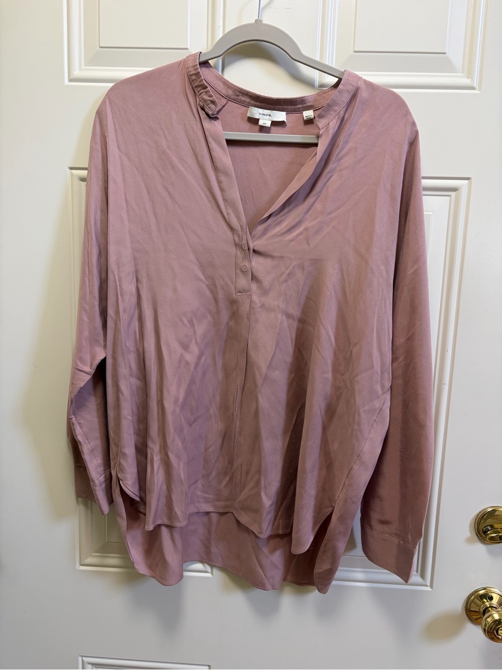 Vince Mauve silk blend band collar, split neckline long sleeve blouse L